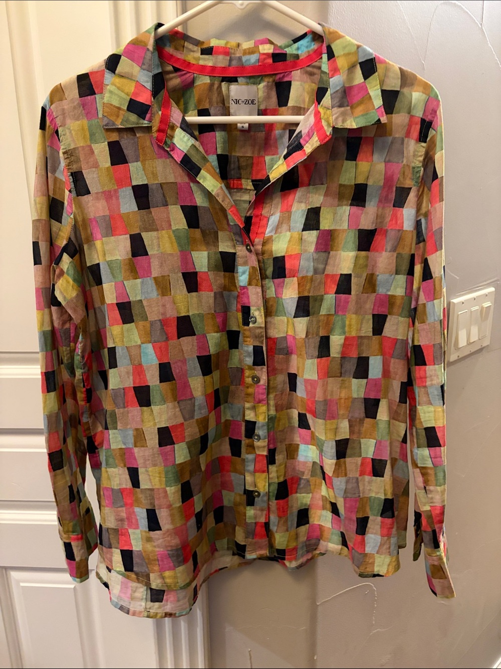 NIC+ZOE Multicolor Checked Button-Down Shirt - Pink, Green, Black, Yellow